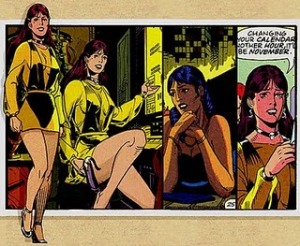 This is the Silk Spectre in the Watchmen comic. Still sexily costumed, but the portrayal gives her exceptional depth and her physicality reflects the physicality of a real woman of that age and experience.